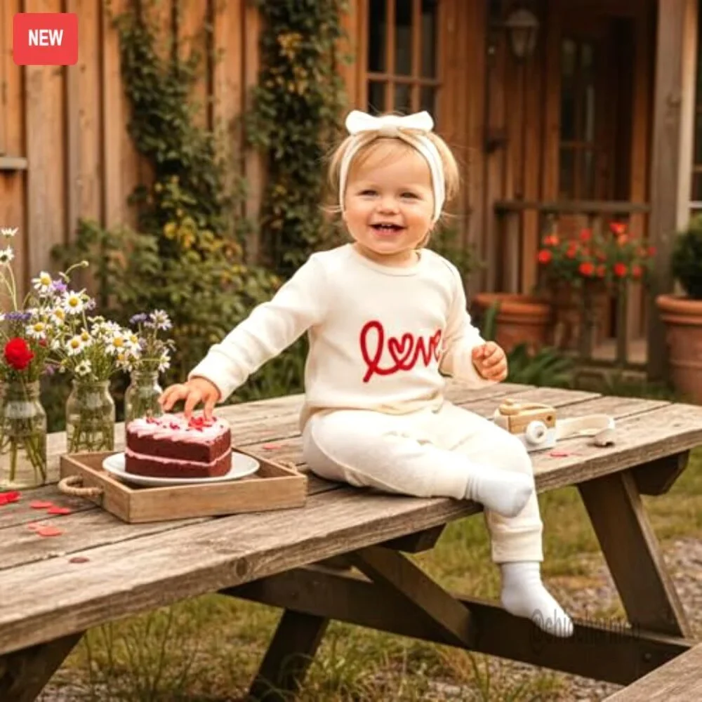 Newborn Valentine's Day Romper Long Sleeve Waffle Ruffle Jumpsuit with Headband